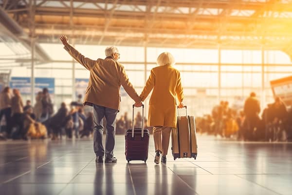 Casal de idosos felizes no aeroporto enquanto andam com suas malas de rodinha