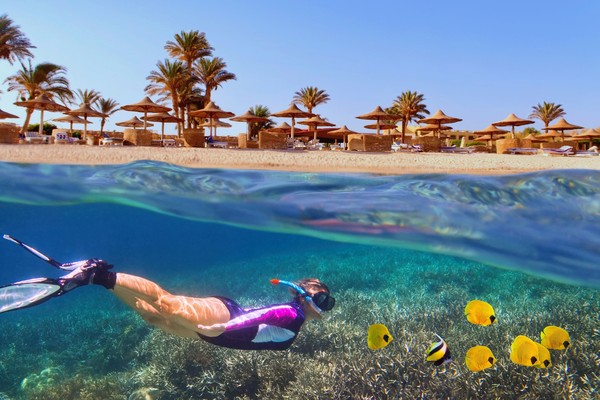 Mujer haciendo snorkel cerca de un arrecife de coral en el Mar Rojo, Egipto.