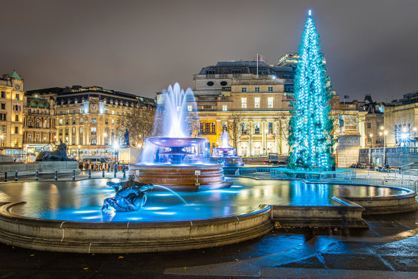 Vista de Trafalgar Square, Londres, con fuente de agua y árbol de Navidad encendido con luces azules por la noche.
