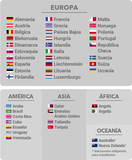 listado de paises que requieren asistencia al viajero