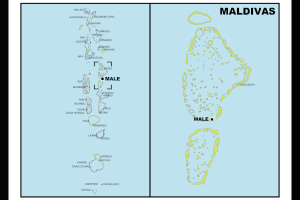 Islas maldivas mapa con ubicación de las principales islas.