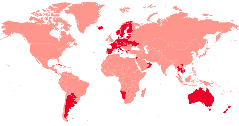 Mapamundi paises que requieren asistencia al viajero