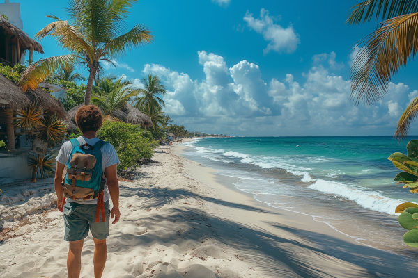 Hombre turista con mochila caminando por una playa de arena blanca, agua turquesa y palmeras en la Riviera Maya, México