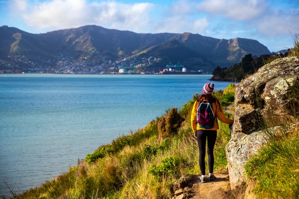 Excursionista que admira el idílico paisaje de la bahía de Lyttelton en el acantilado costero de Canterbury, Nueva Zelanda.