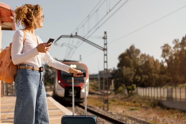  imagem de uma mulher com mochila e mala de viagem esperando um trem durante uma viagem de trem pela Europa