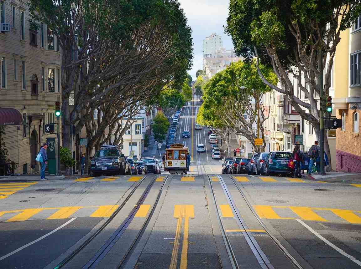 Rua com bonde histórico em San Francisco em artigo sobre quanto custa uma viagem para os Estados Unidos.