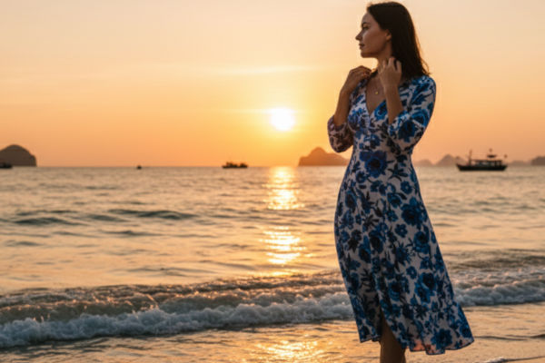 Mujer camina por la orilla durante el atardecer en una playa de Vietnam, con barcos pesqueros en el horizonte.