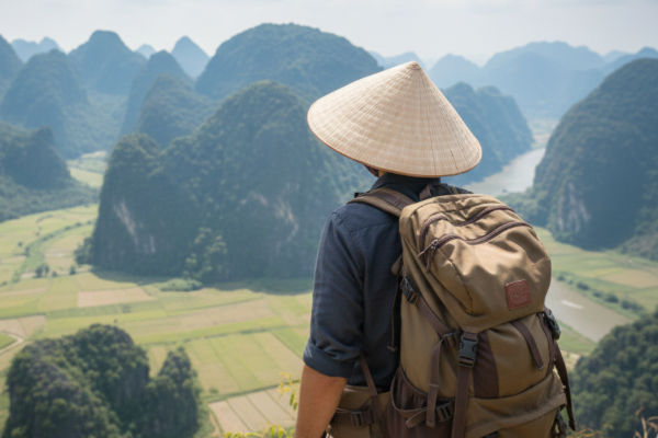 Viajero con mochila y sombrero tradicional contempla los paisajes montañosos de Vietnam desde un mirador en Ninh Binh.