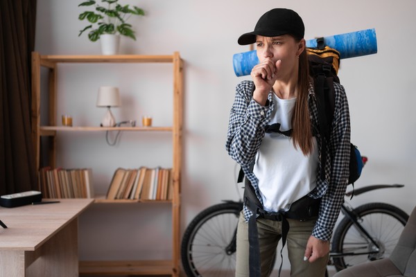 Mujer mochilera con bicicleta de fondo tosiendo antes de salir de aventura.