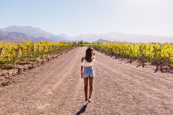 Mujer turista recorriendo viñedos en Mendoza, Argentina
