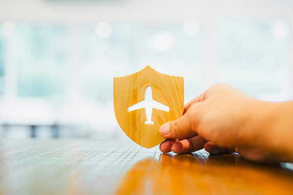 Persona sosteniendo madera con forma de escudo y un avión troquelado en medio, representando un seguro de viaje internacional.