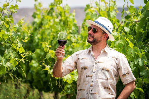 Hombre turista alzando una copa de vino con una sonrisa durante una degustación en un viñedo mendocino.