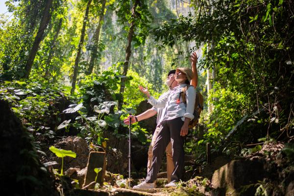 Personas que hacen ecoturismo y senderismo en una selva colombiana