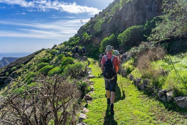 Grupo de senderistas en una una meseta fértil con palmeras y cactus, cerca del Roque Agando, cuello volcánico en La Gomera, Islas Canarias, España.