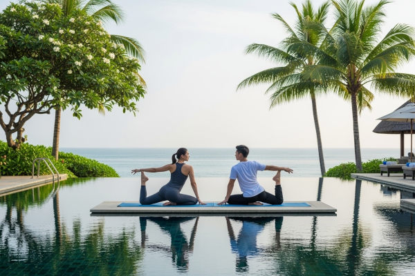 Dos personas practicando Eka Pada Rajakapotanasana junto a la piscina de un hotel de bienestar con vista al mar, luz de mañana, ambiente sereno, resort tropical.