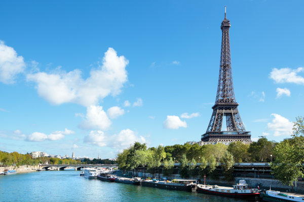 Vista panorámica de la Torre Eiffel con la ciudad de París extendiéndose al fondo bajo un cielo despejado.