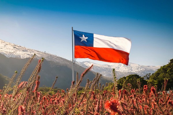 Bandera chilena ondeando en las montañas