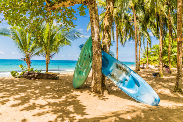 Canoas apoyadas en el tronco de una palmera en la playa Punta Uva, Costa Rica.